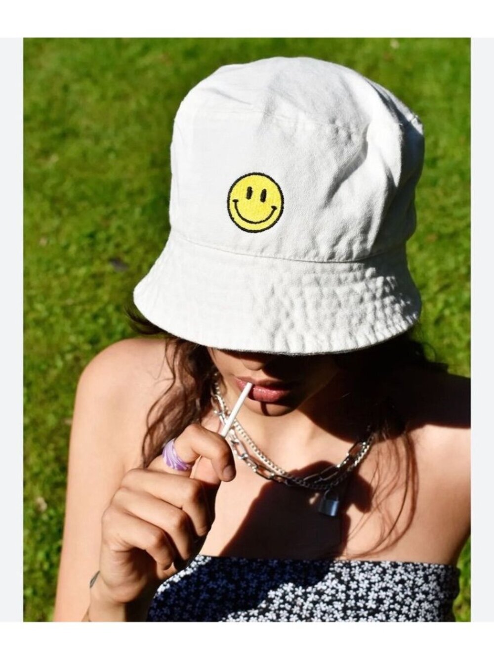 Smiley Face Embroidered Bucket Hat Cotton Beige
